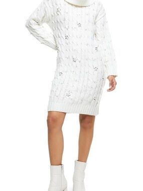 NWT Med Rivers Pearl embellished Long Sleeve Turtleneck Sweater Dress in White